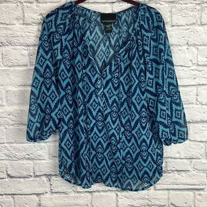 Women's Cynthia Rowley Sheer Top Blouse Light Blue & Navy 3/4 Sleeve Size Small